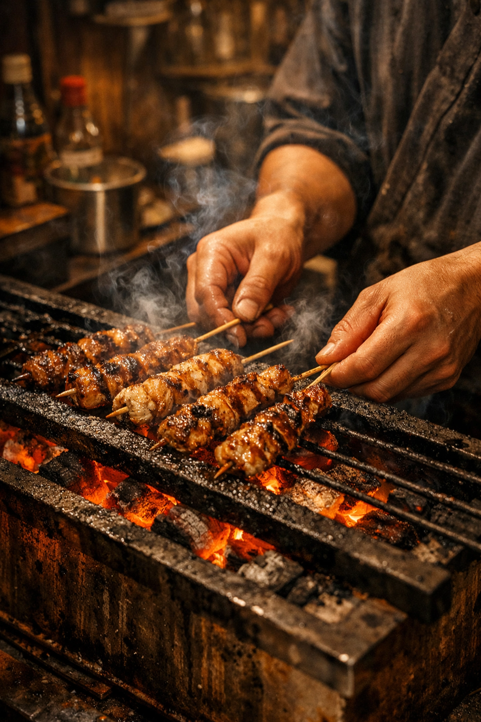 Authentic Shinjuku yakitori grill with charcoal smoke, perfect for food photography lovers.