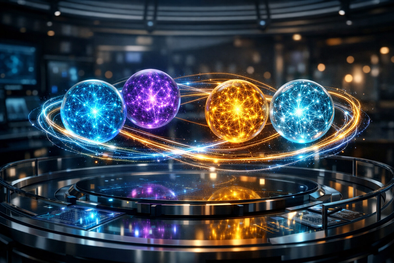 Holographic spheres representing multiple AI agents collaborating in a recursive data workflow.