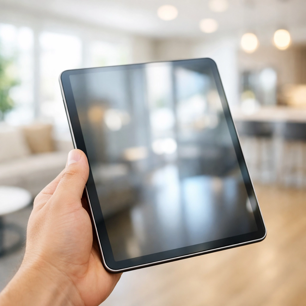 Property manager using a tablet to track cleaning service completion and digital documentation in a modern lobby.