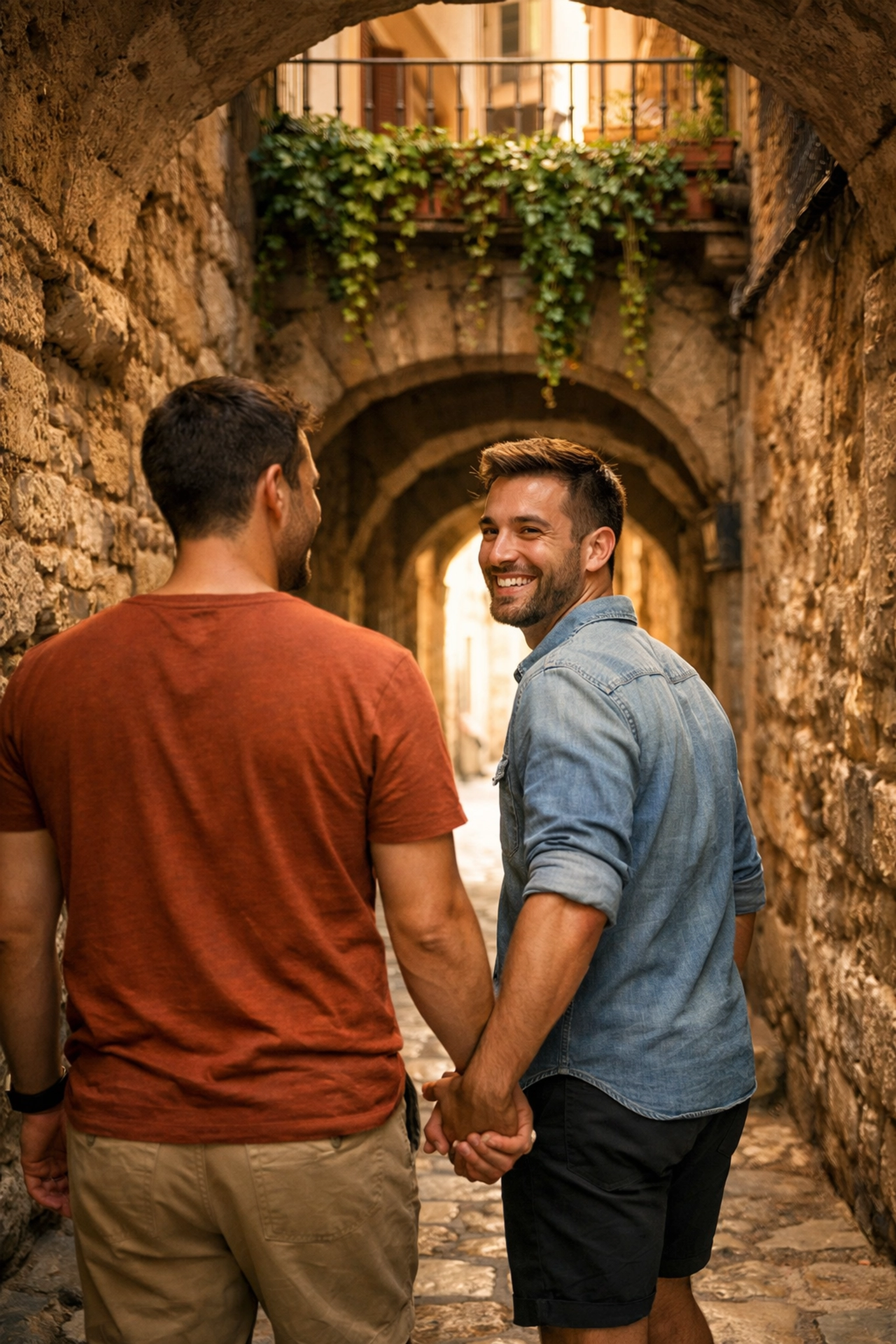A romantic gay couple walking through a sunlit historic traboule in Lyon's La Croix-Rousse district.