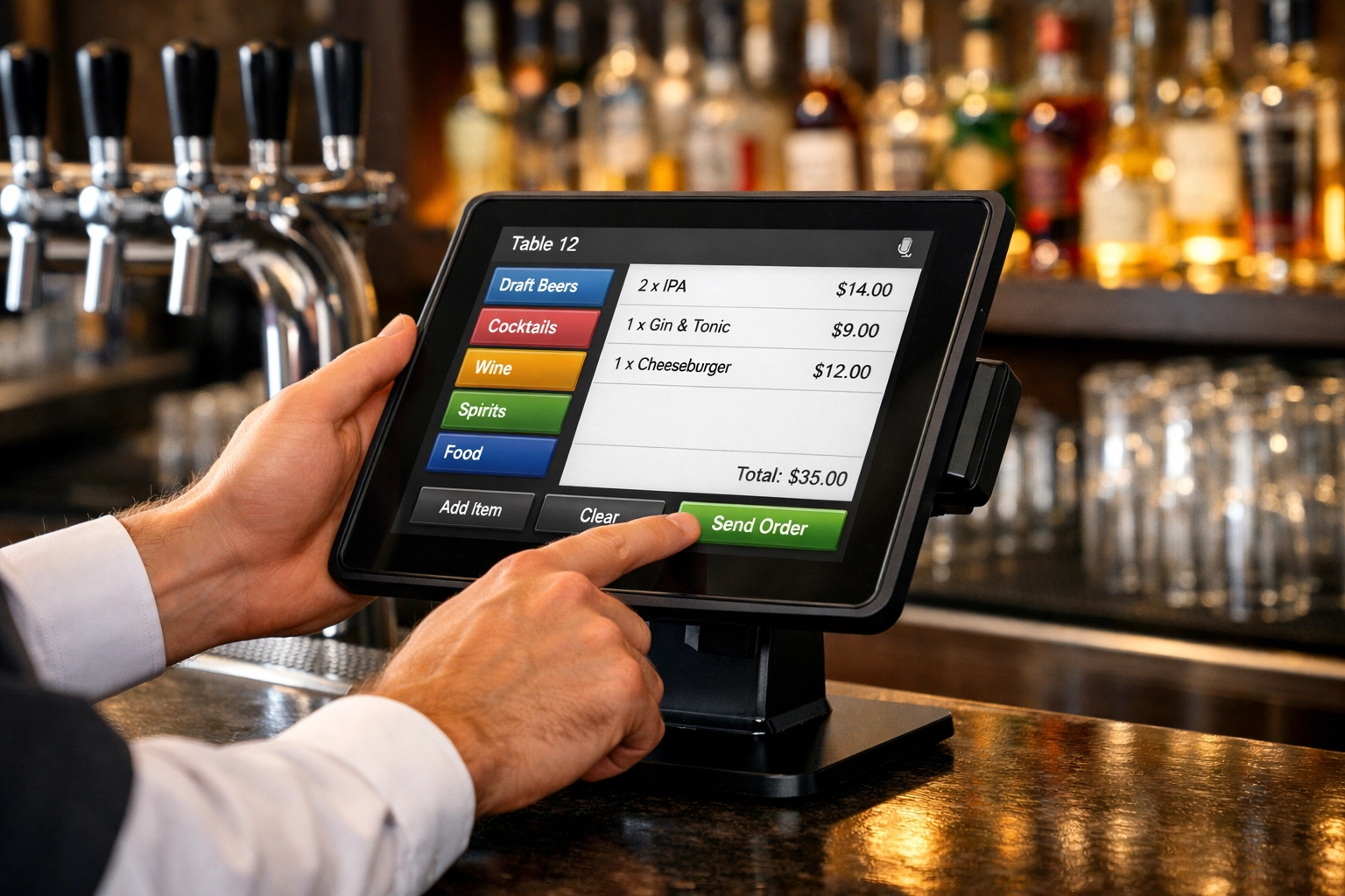 Bartender operating EPOS Now tablet POS system at bar counter with spirit bottles
