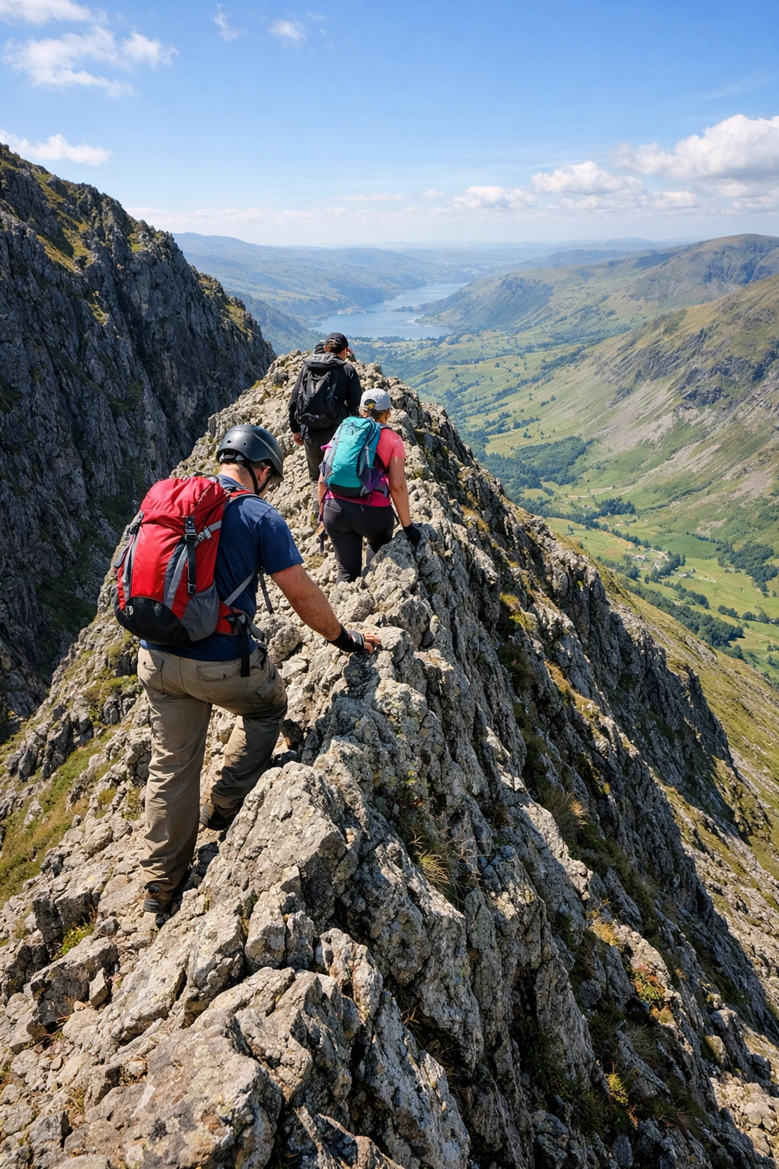 Lake District ridge scramble on challenging guided walk with dramatic valley views