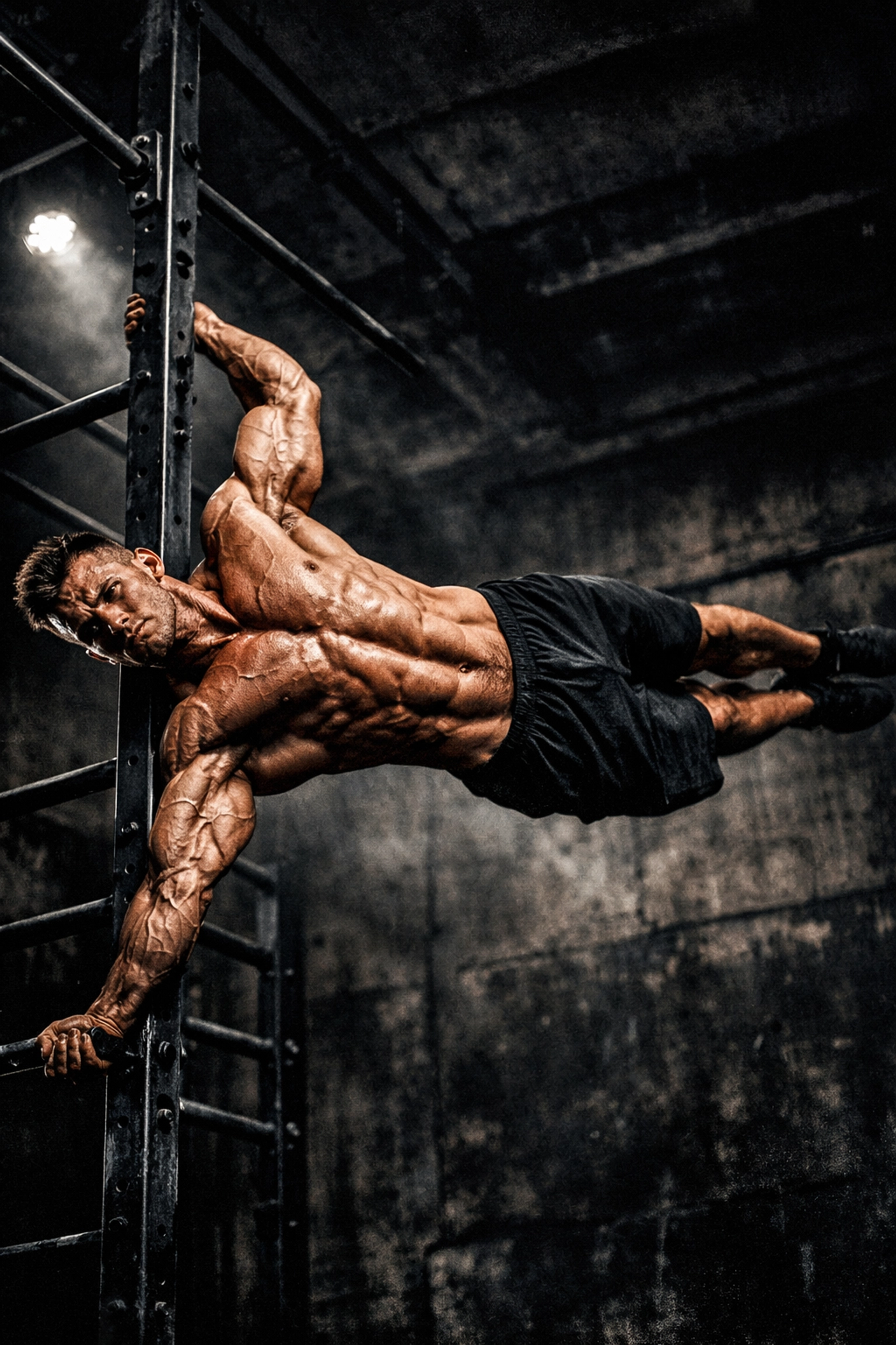 Athlete performing a human flag on a stable, no wall damage Resistance Rail home gym system.
