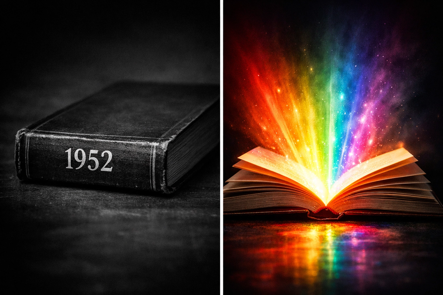 Book radiating rainbow light symbolizing LGBTQ+ literary liberation and lesbian romance history