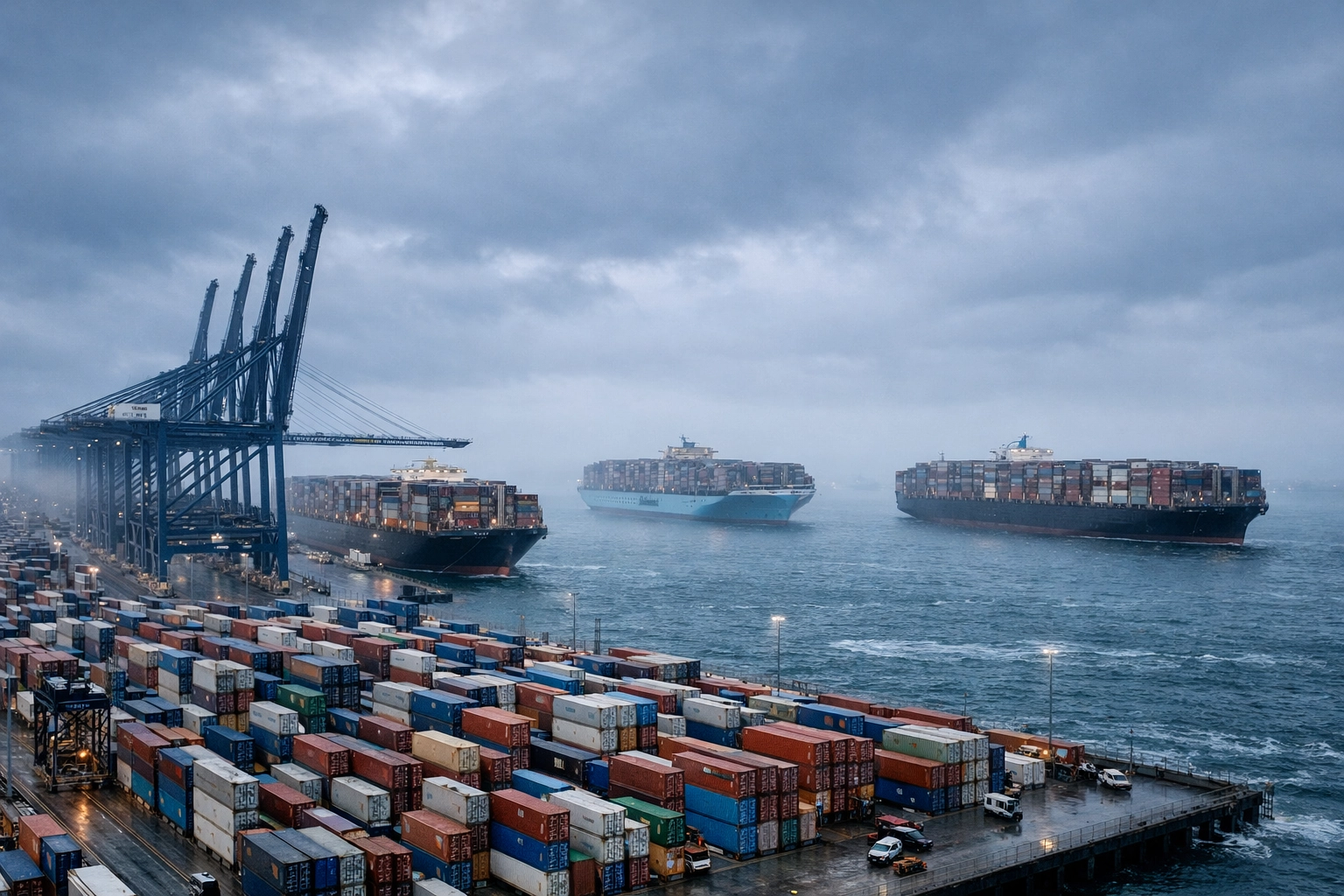 UK container port congestion with cranes and ships waiting in the English Channel during the 2026 backlog.