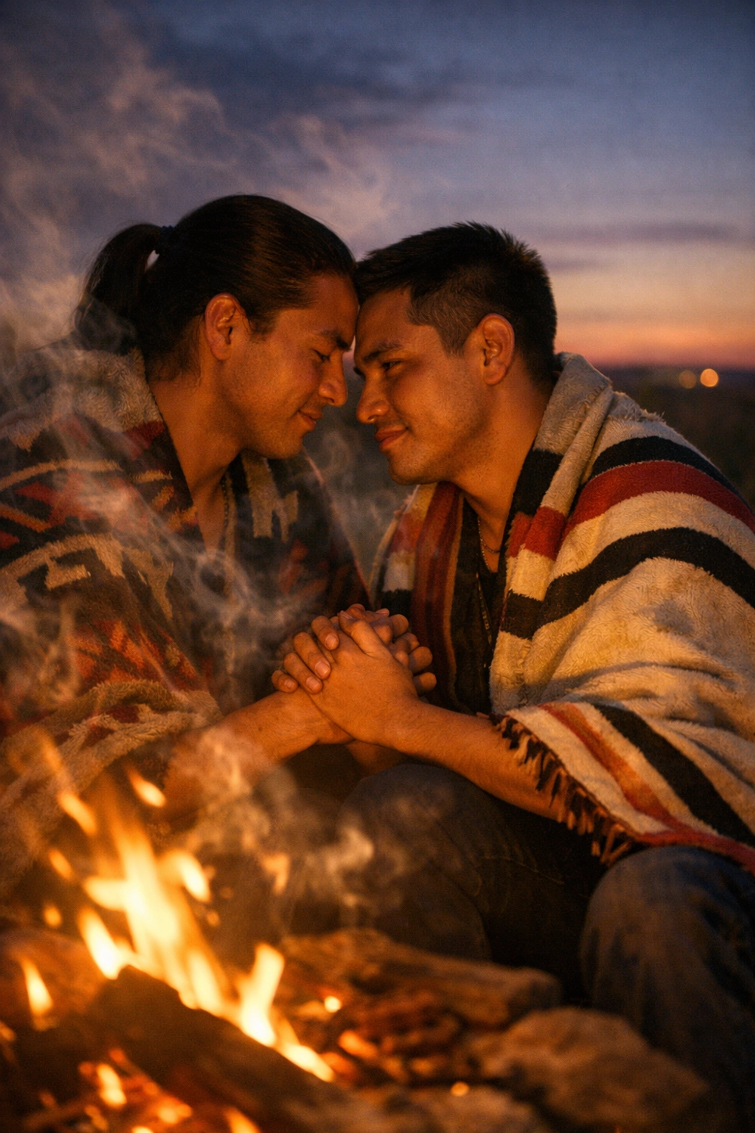 Two Indigenous men holding hands by ceremonial fire in sacred Two-Spirit healing moment