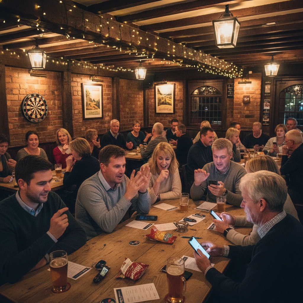Group of people in a bar sat around playing a quiz on their mobile phones