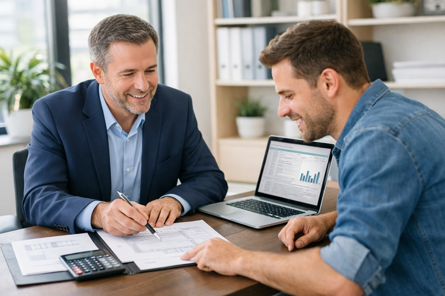 Tax consultant advising small business owner on deductions and tax planning strategies