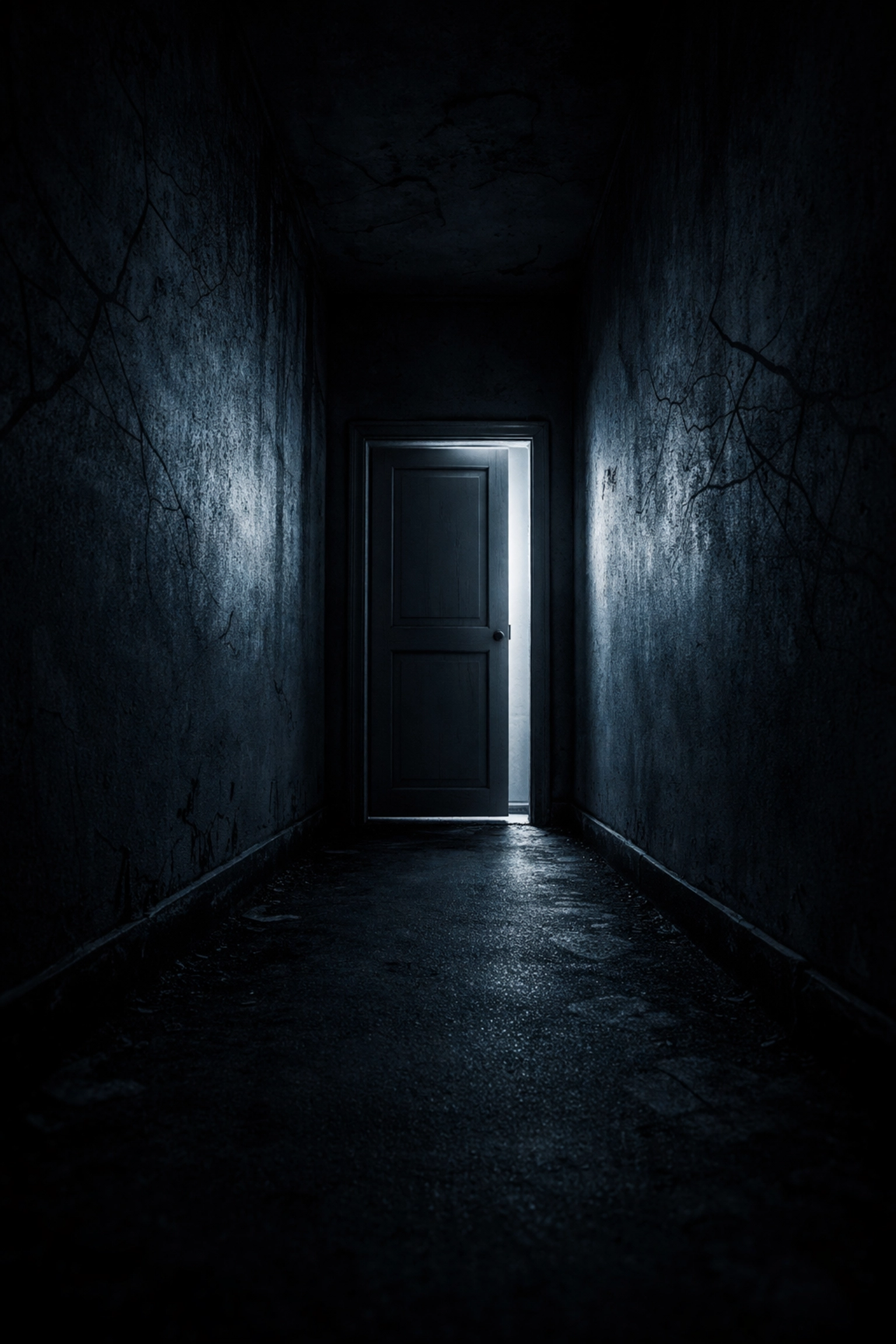 Dunkler Flur mit halb geöffneter Tür, Symbol für Geheimnisse und Missbrauch hinter verschlossenen Türen