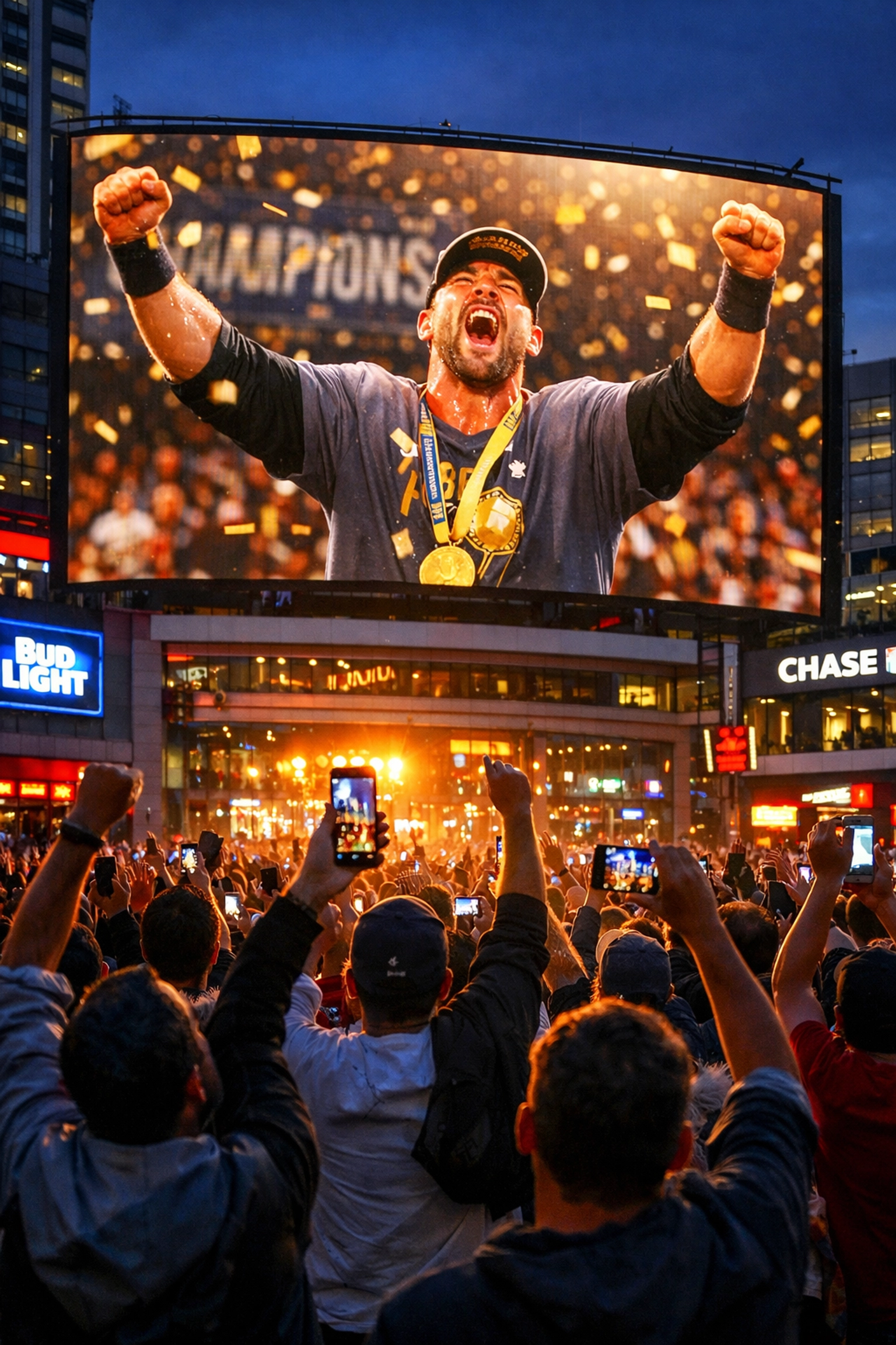 Sports fans gathered around outdoor digital screen celebrating championship victory
