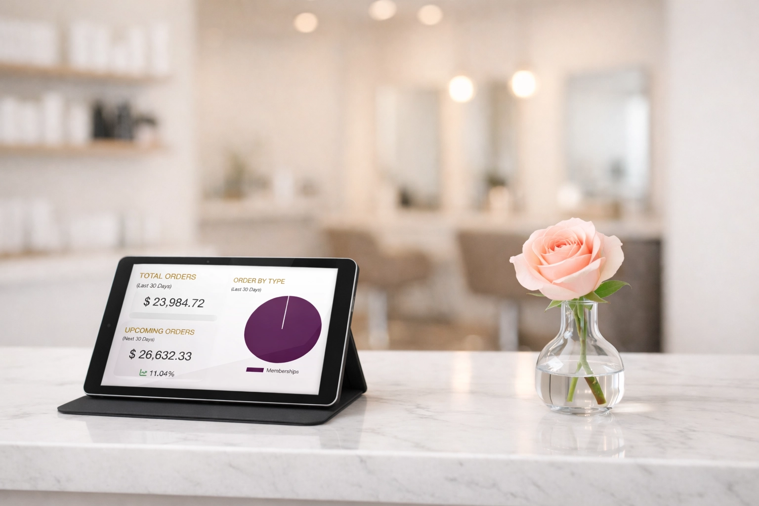 Modern salon reception desk with a tablet, illustrating seamless automated admin and salon management.