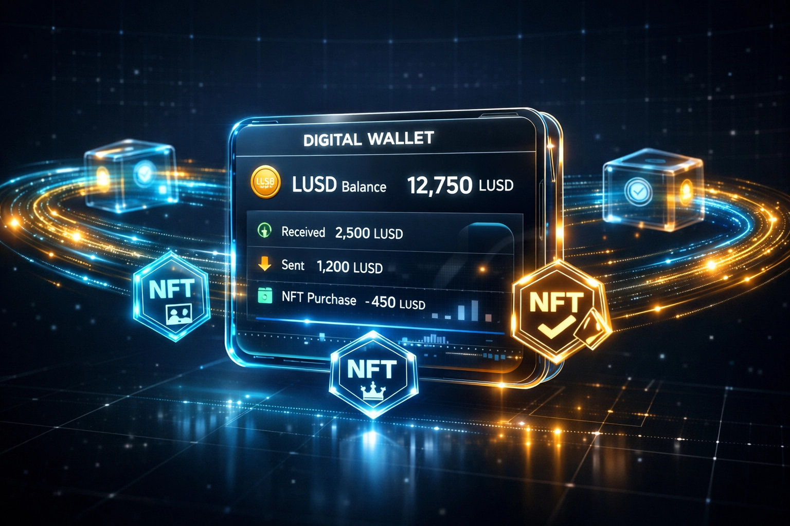 LUSD stablecoin digital wallet showing NFT receipts and multi-wallet crypto payment architecture