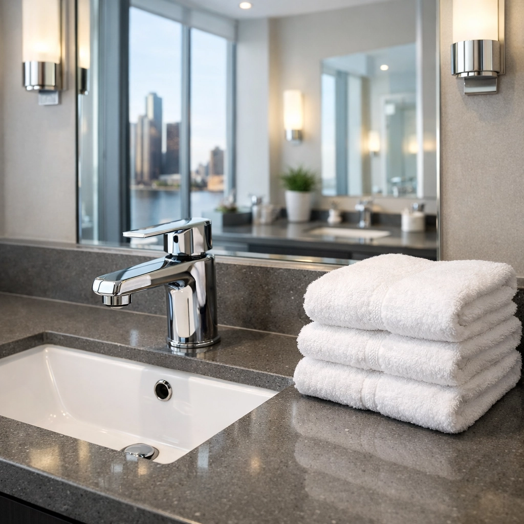 Professionally cleaned Detroit bathroom vanity with a sparkling chrome faucet and sink.