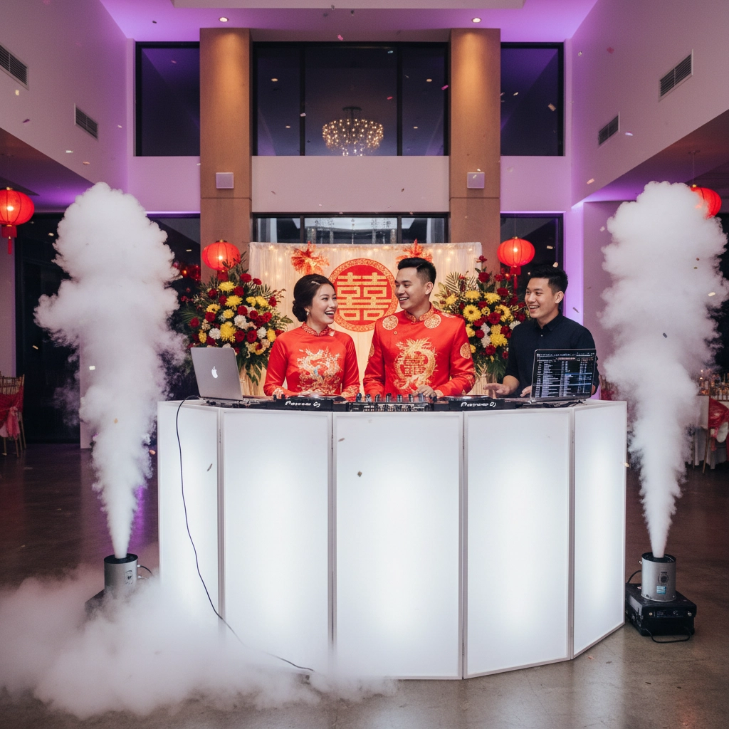 Couple in red traditional attire smiling behind DJ booth, with another person. Smoke effect, red lanterns, floral decor, festive mood.