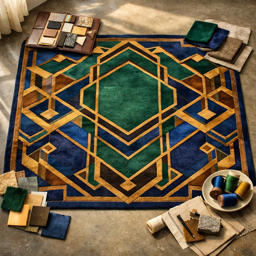 Custom rug with geometric patterns surrounded by fabric swatches and mood board materials