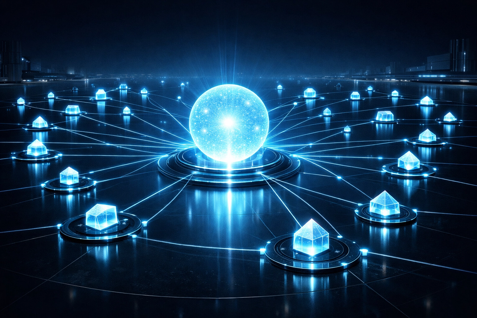 Connected network nodes symbolizing centralized control and visibility across multi-location franchise groups.