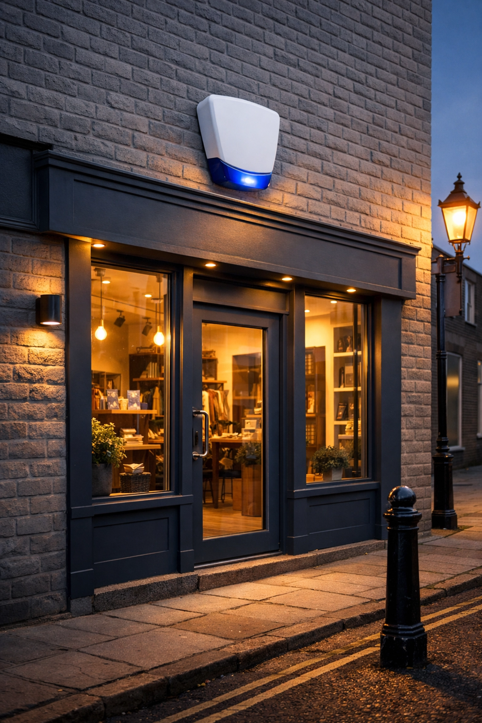 Commercial intruder alarm siren installed on a Weston-super-Mare shopfront for business security.