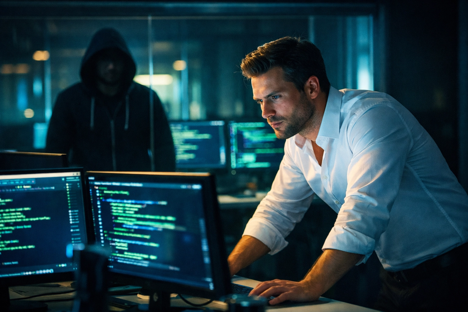 White hat hacker and black hat hacker face off in tech office - MM romance rivals