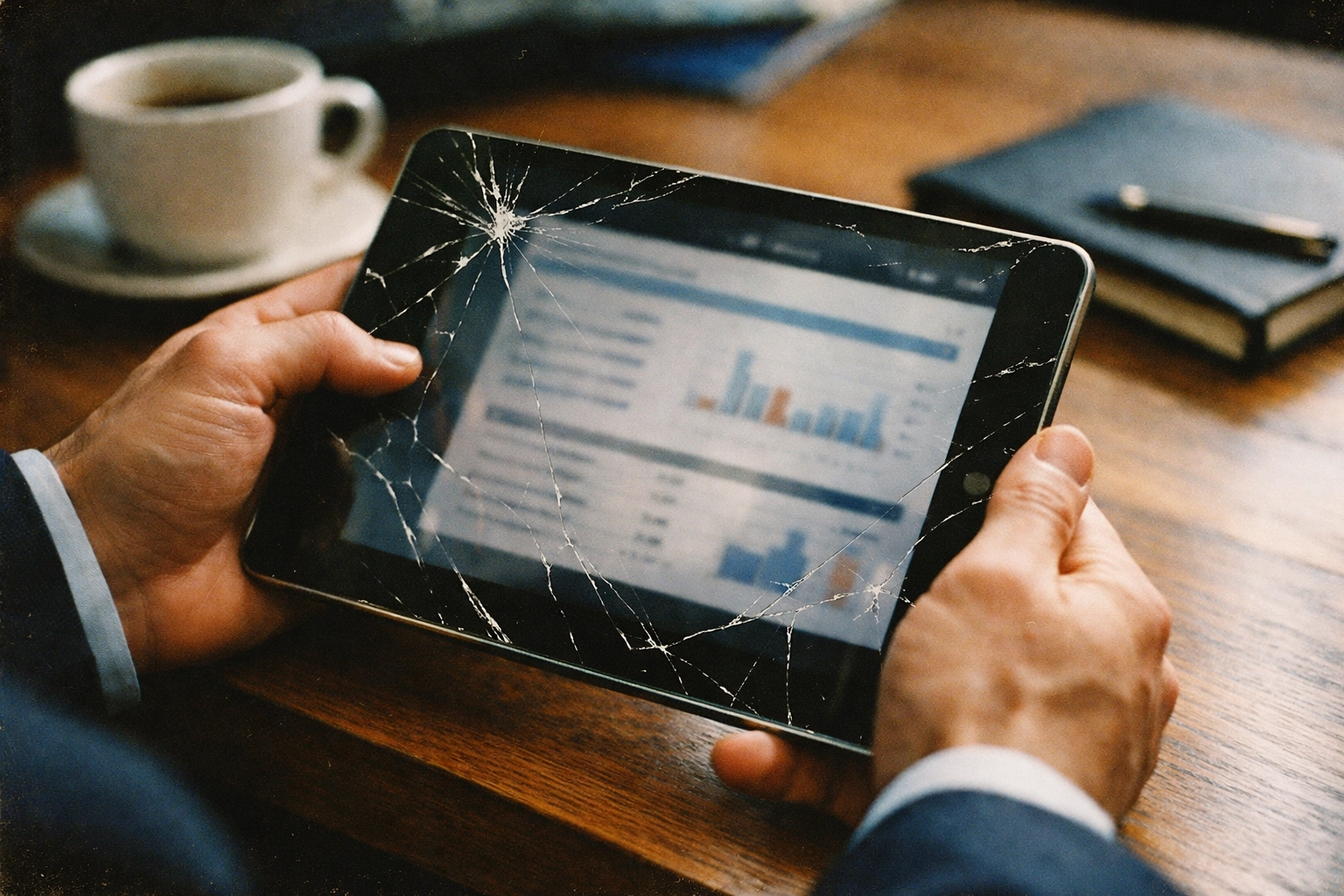 Cracked iPad screen on Brooklyn business desk showing productivity loss from device damage