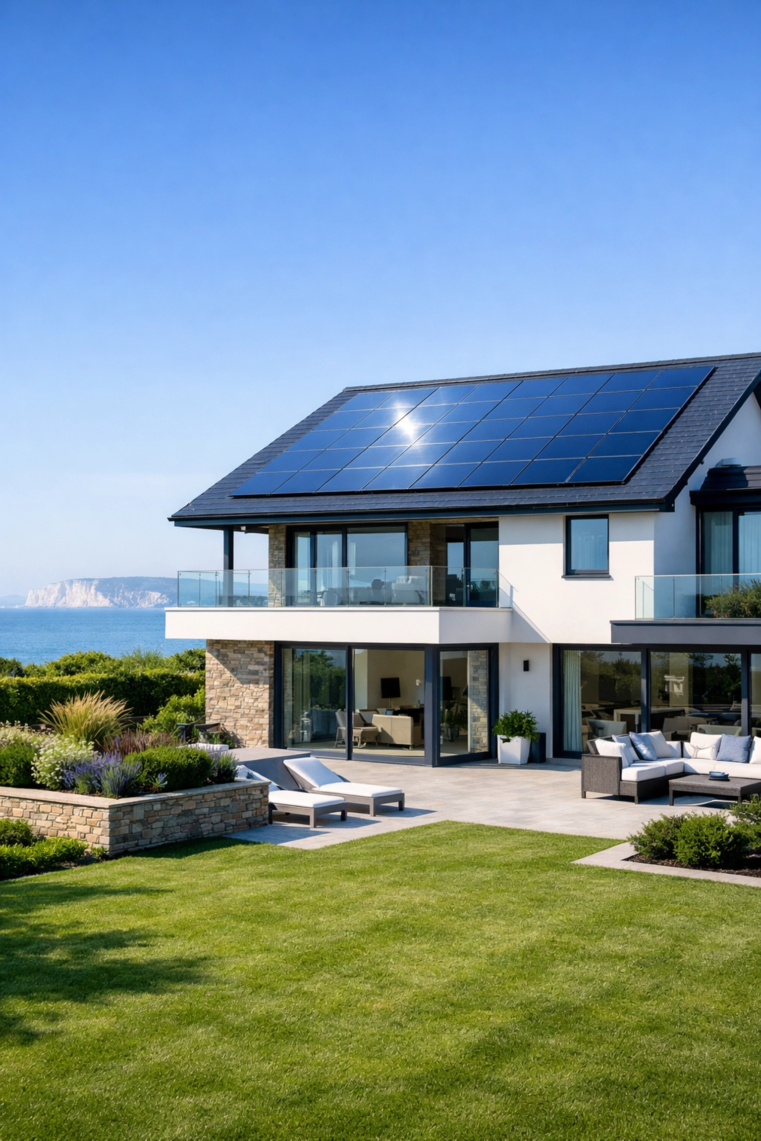 Modern coastal home in Dorset featuring integrated solar panels installed by local experts.