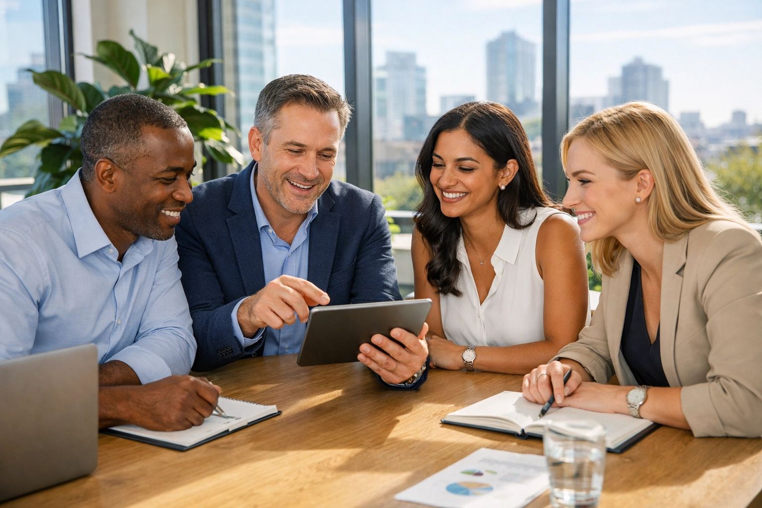 A diverse team of consultants collaborating on strategic media assets in a professional office setting.