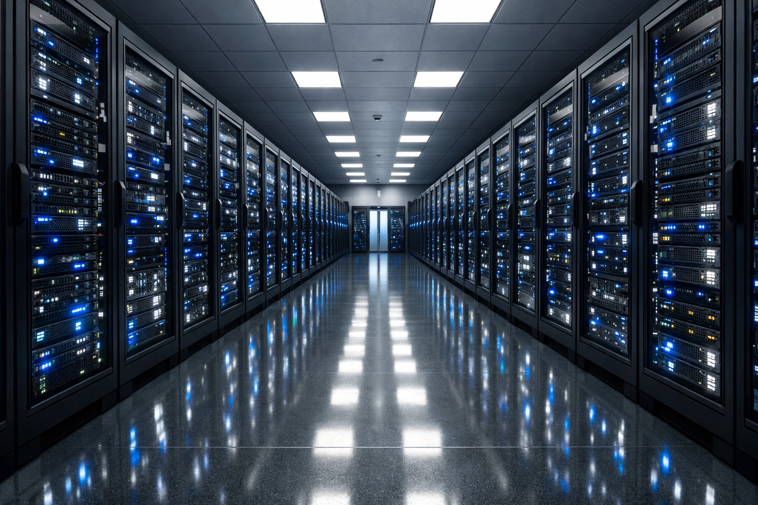 Secure modern server room with illuminated racks representing UK Cyber Essentials hardware protection.