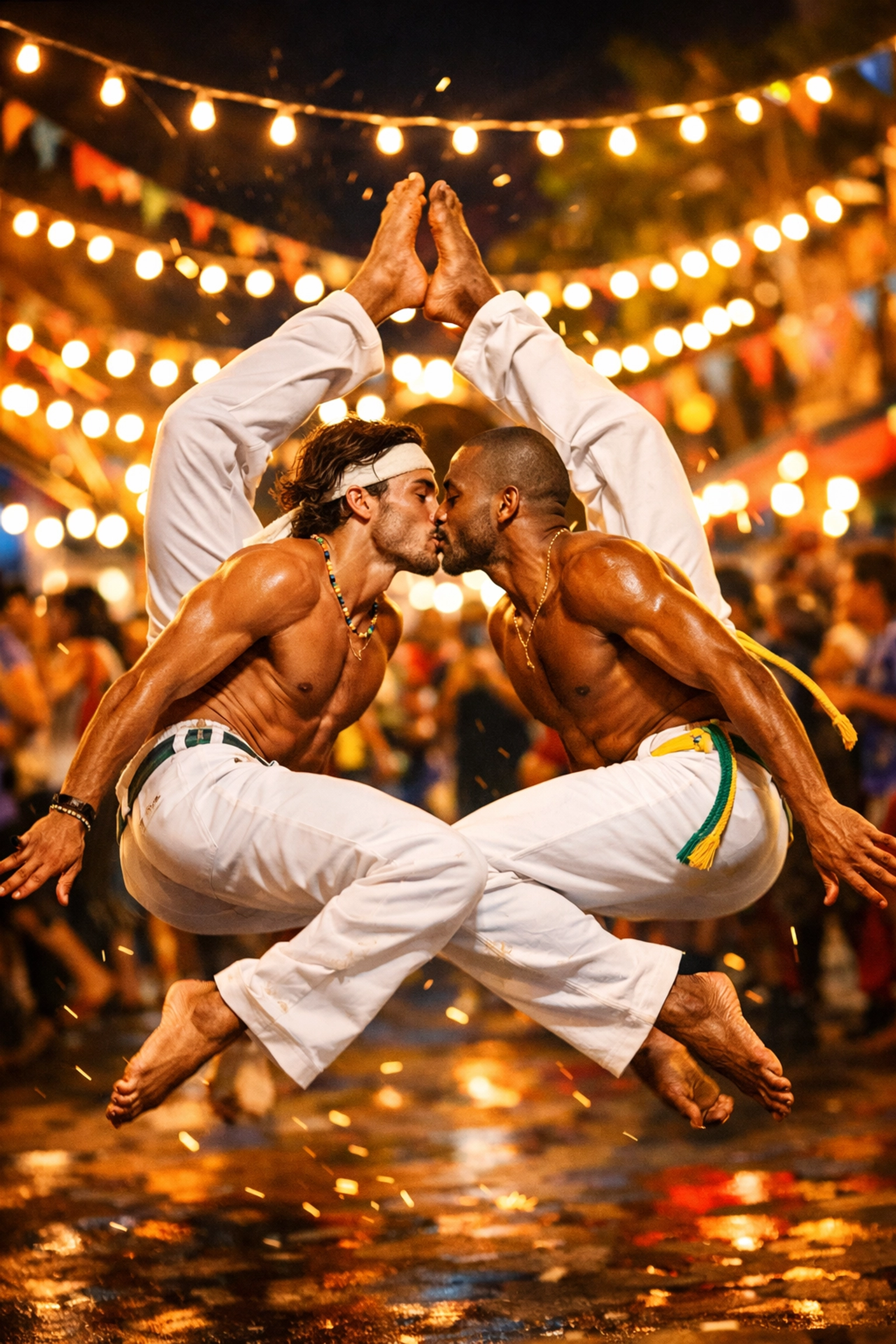 Synchronized Capoeira move at a night festival, symbolizing physical union in gay romance books.