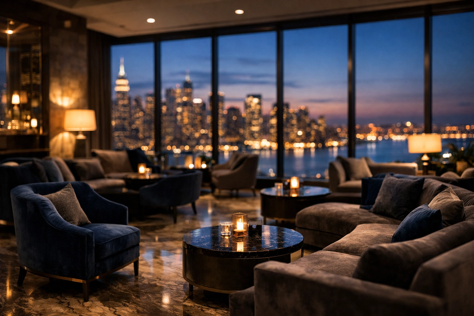 Luxury hotel lounge providing a quiet executive sanctuary during Super Bowl corporate events.