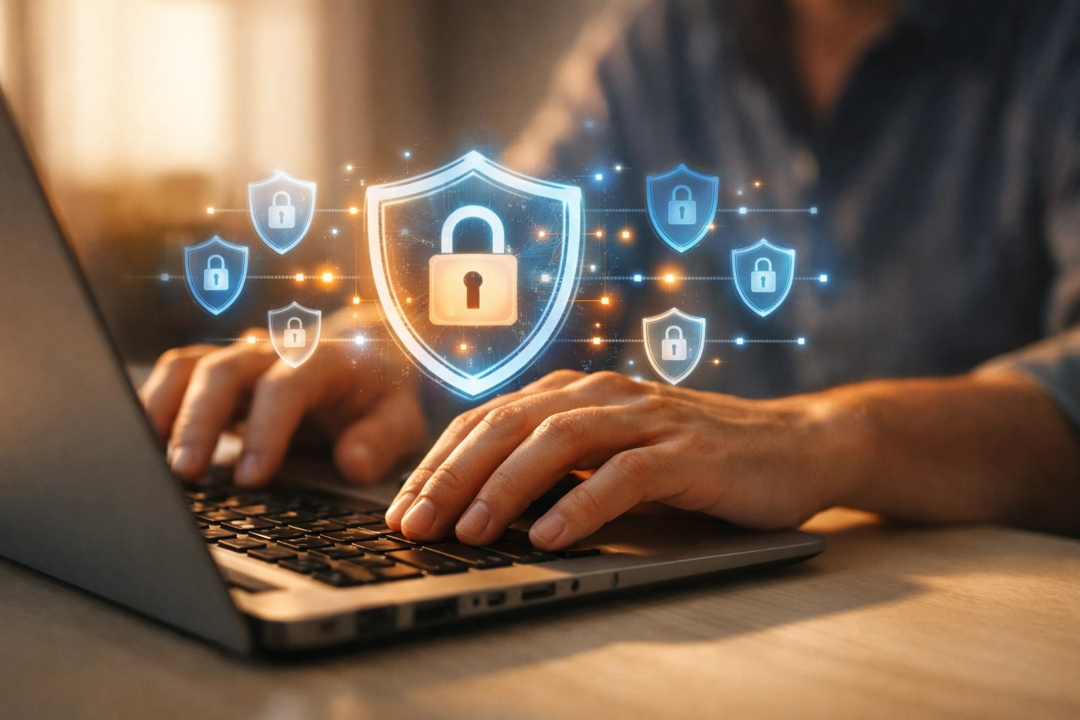 Cybersecurity training professional working on laptop with digital security shields