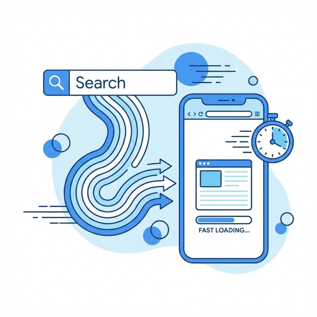 Stylized illustration linking Google search bar to a fast-loading mobile site, emphasizing mobile SEO