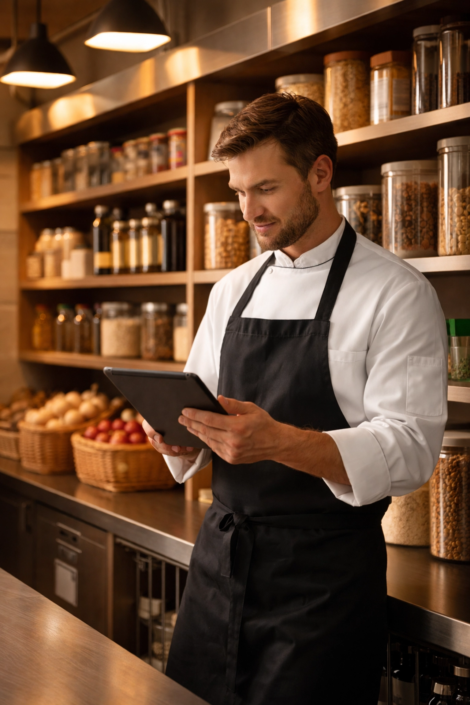 Restaurant manager conducting inventory count with tablet in organized kitchen storage area