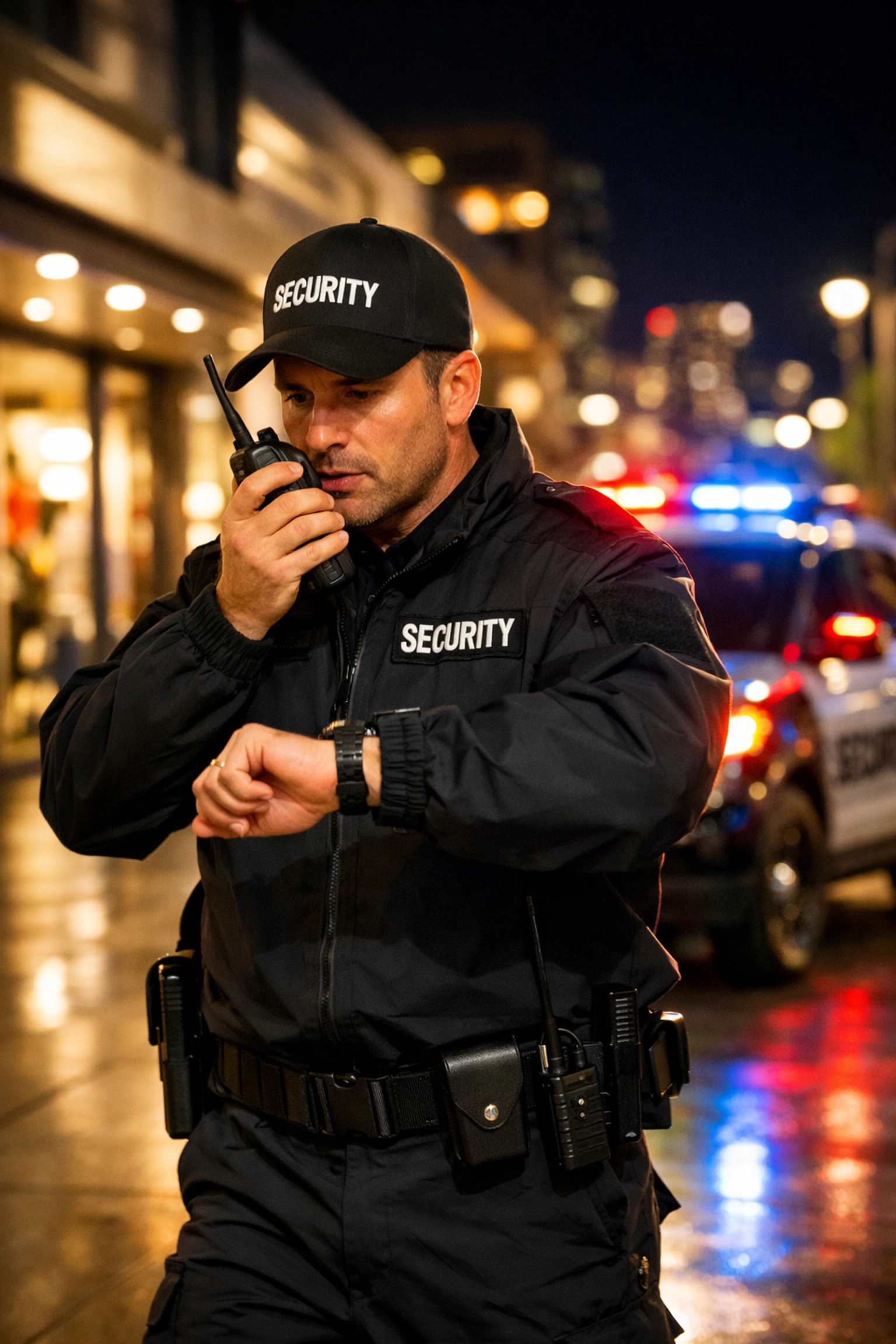 Security guard on patrol using radio for rapid response communication
