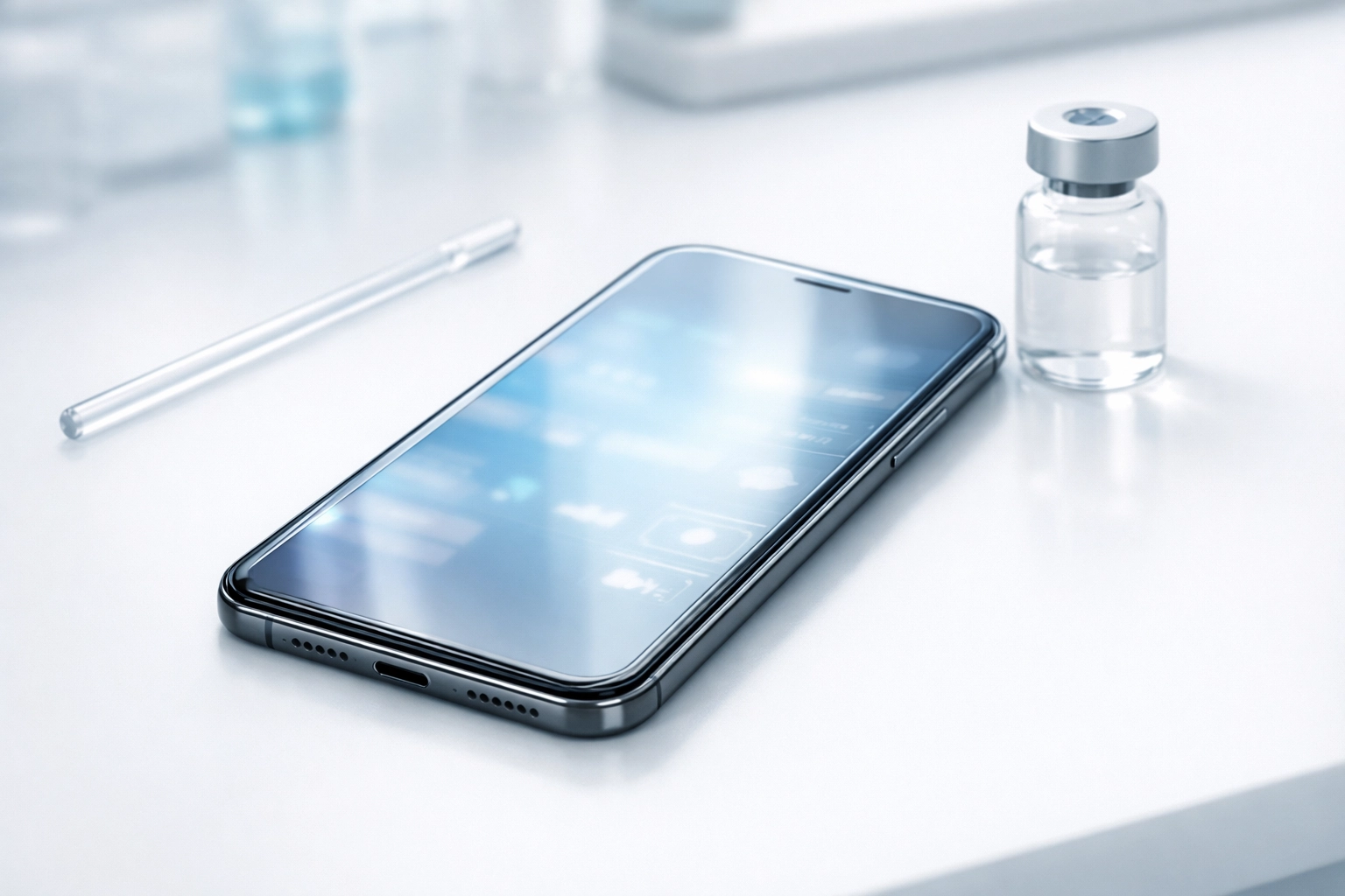 Digital peptide calculator tool on a smartphone next to lab equipment for precise reconstitution.