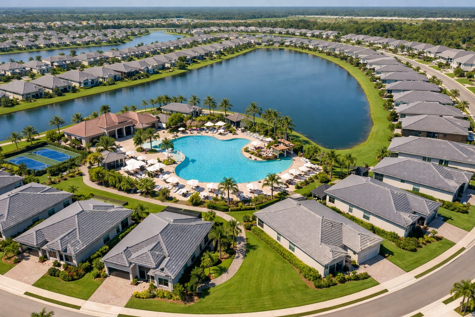 Aerial view of a high-density planned community in Southwest Florida with uniform homes and a central pool.