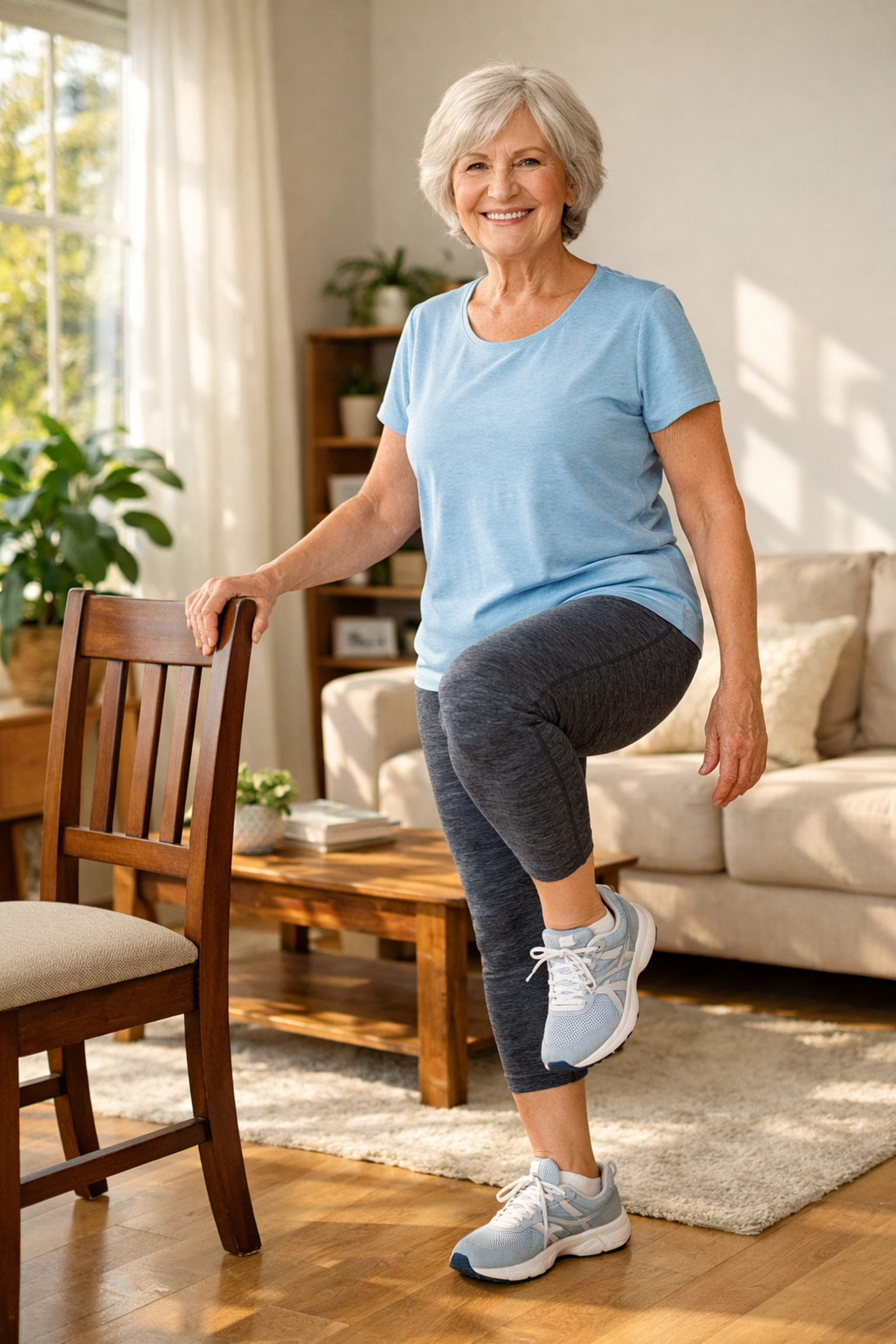 Senior woman performing balance exercises for fall prevention using a chair for support in a bright living room.