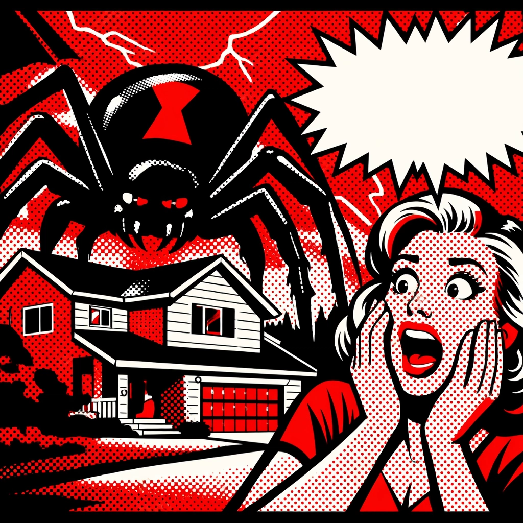 Comic book art of a menacing Black Widow spider threatening a home in Jasper, Alabama.