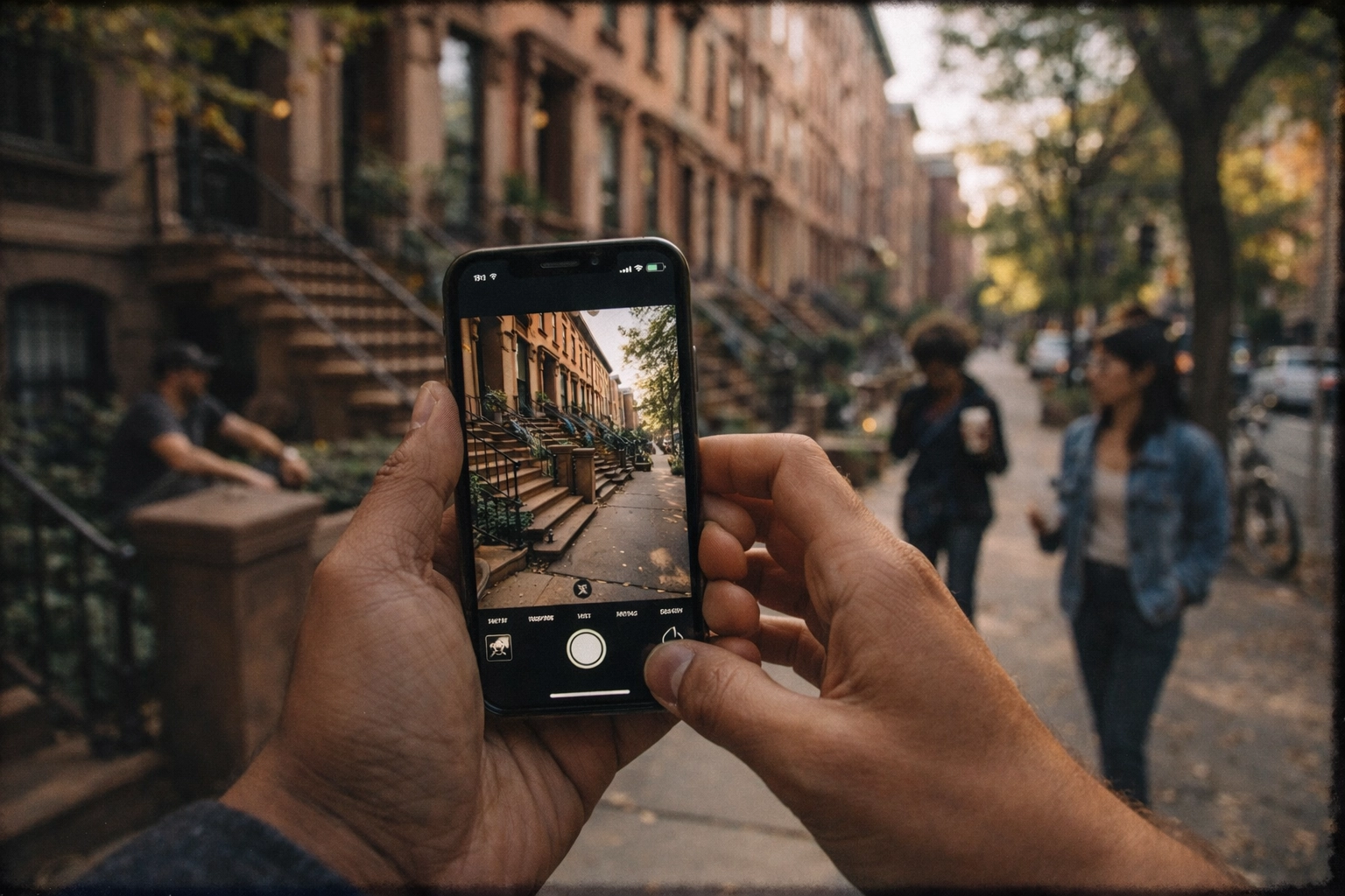 iPhone being used on a Bed-Stuy brownstone stoop in Brooklyn with bystanders softly out of focus