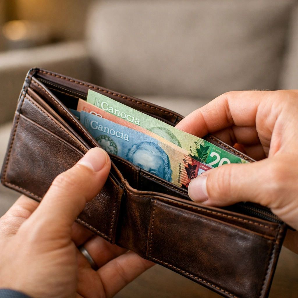 Person opening a wallet with Canadian cash, highlighting secure repayment for bad credit loans.