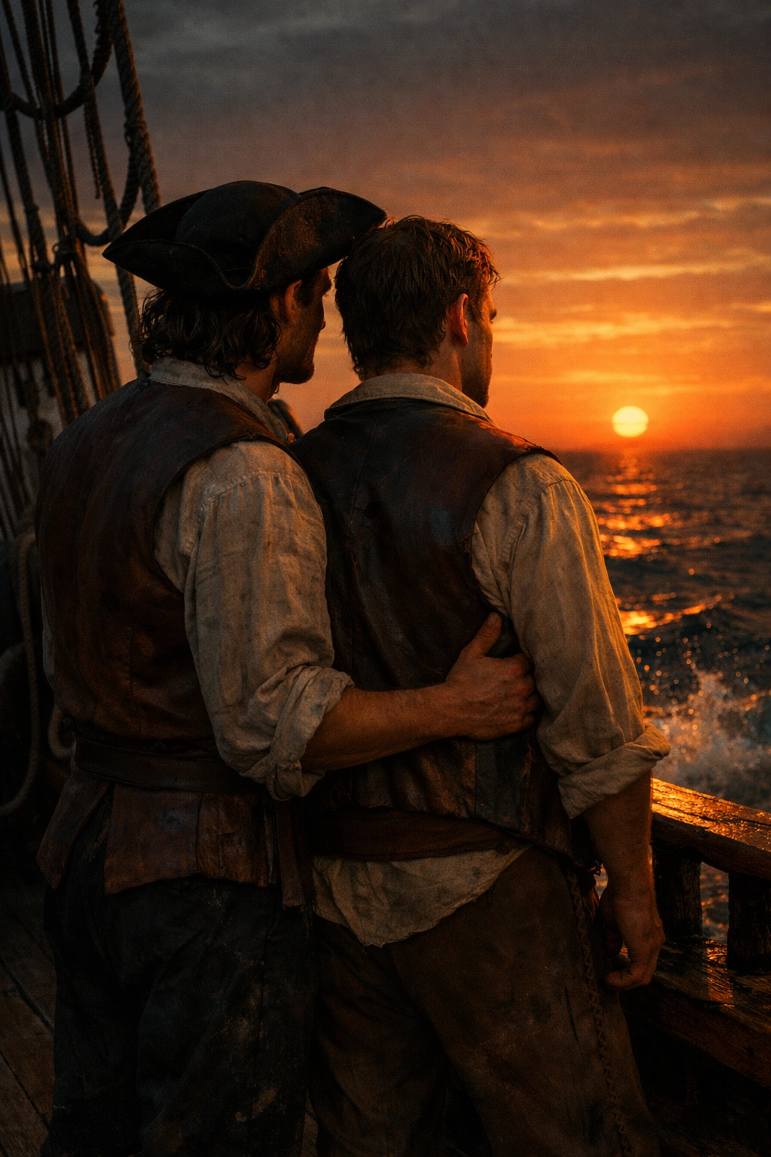18th-century sailors on a tall ship deck, illustrating the historical roots of gay romance at sea.