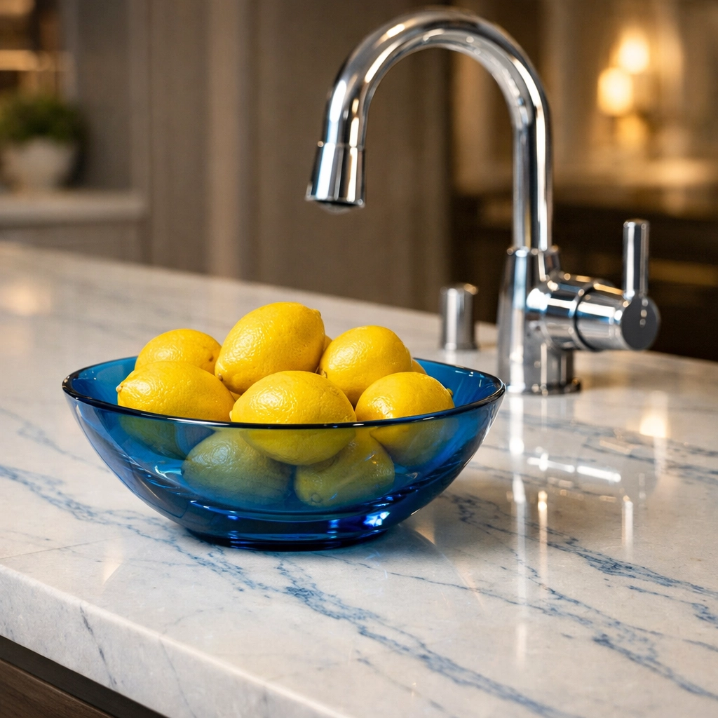 Spotless quartz kitchen island and polished faucet representing expert house cleaning Ashburnham MA services.