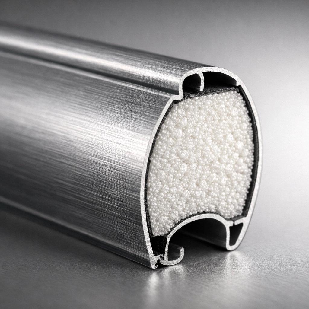 Querschnitt einer ausgeschäumten Rollladen-Aluminiumlamelle für optimalen Schallschutz und Wärmedämmung.