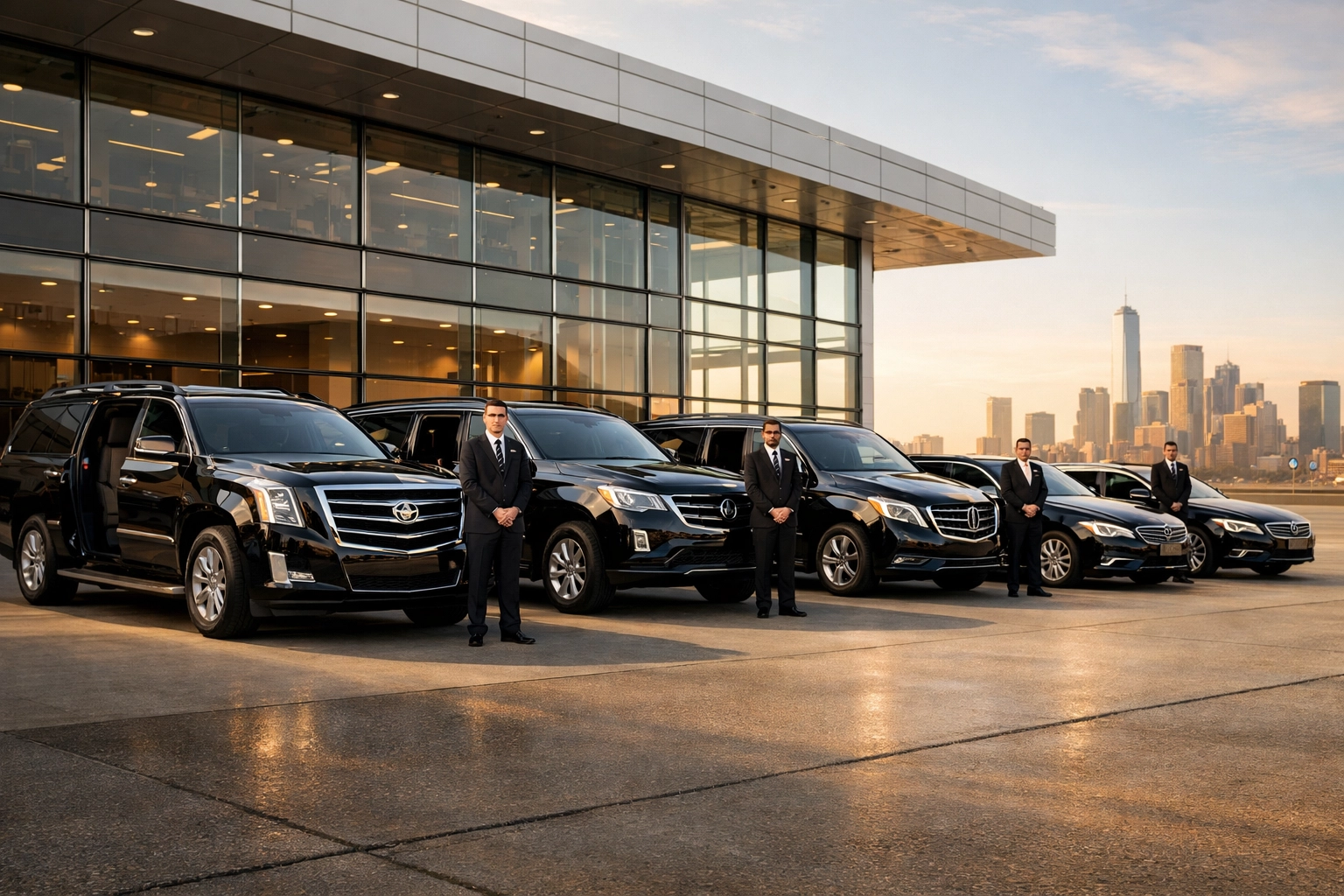 Luxury executive car service fleet and chauffeurs waiting at a private terminal for Super Bowl arrivals.