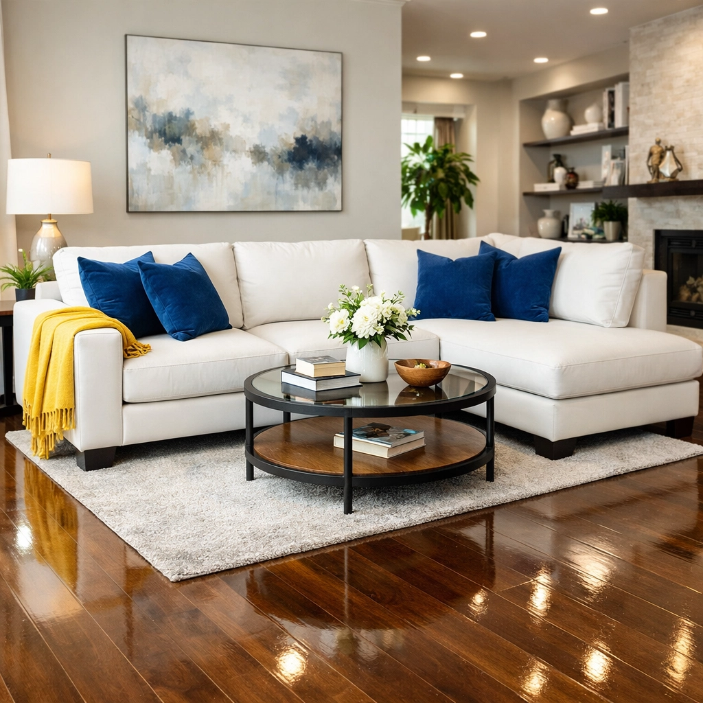 Spotless modern living room with polished hardwood floors and tidy decor by reliable cleaning services near me.