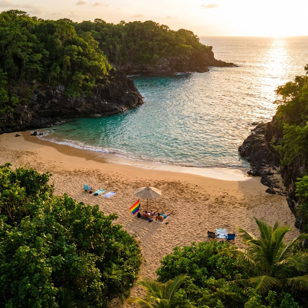 Aerial view of Abricó Beach Rio's official gay naturist beach with cliffs and tropical forest