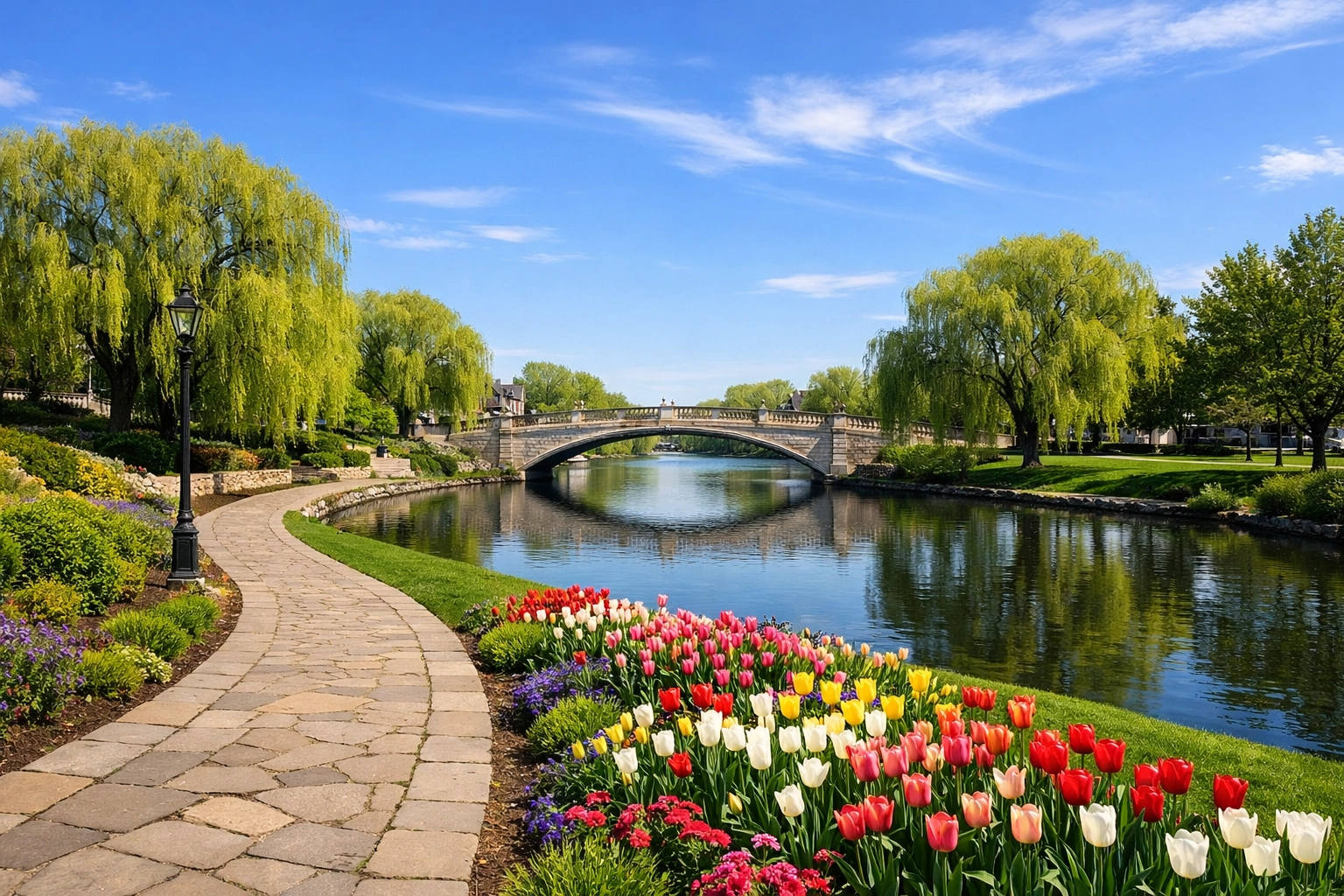 Scenic Naperville Riverwalk showing the high quality of life in one of the best Chicago suburbs.