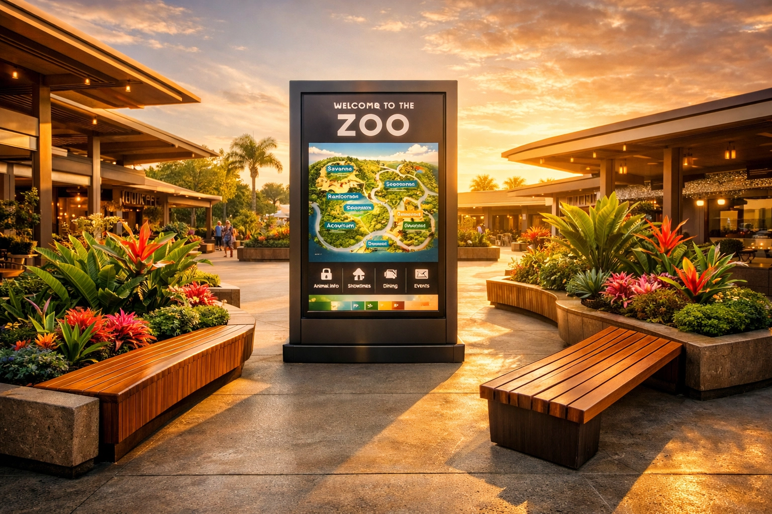 A modern zoo visitor plaza with digital kiosks representing a holistic corporate identity and brand experience.
