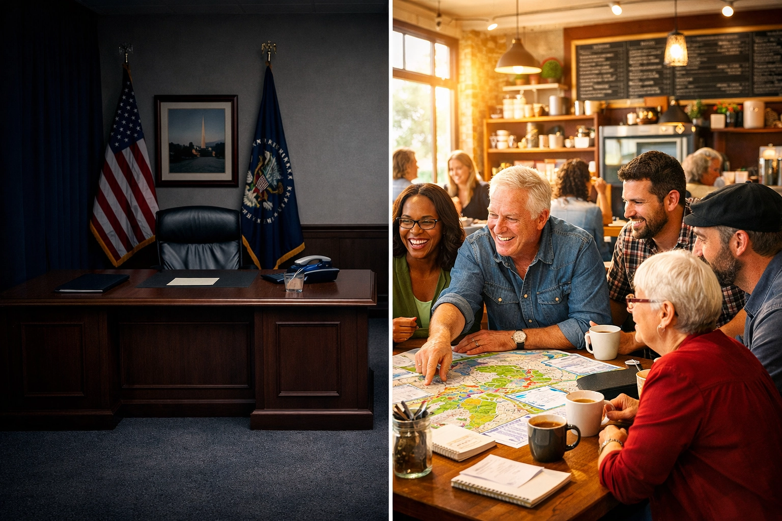 Empty Washington DC office contrasted with vibrant local community meeting showing shift in public affairs strategy