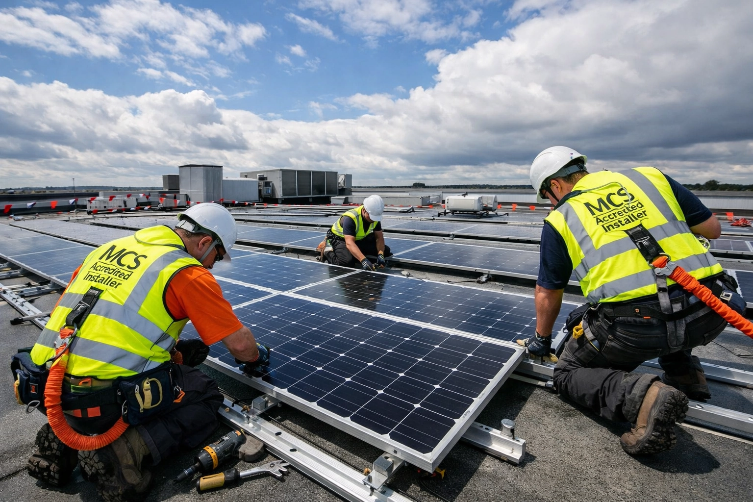 Professional MCS accredited installers fitting commercial solar panels on UK industrial building roof