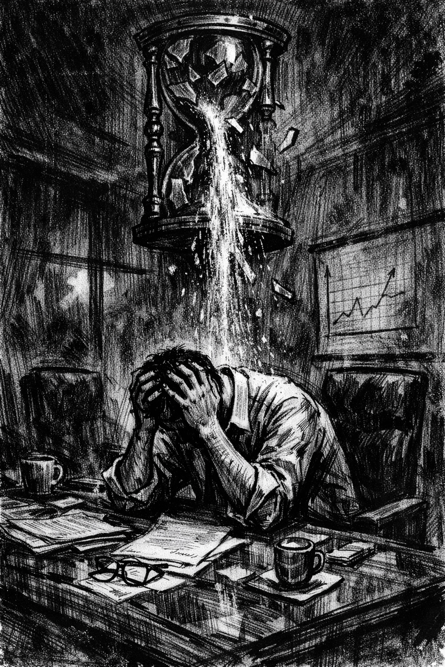 Burned-out business owner with a broken hourglass, depicting the mental tax and lost value from a delayed exit.