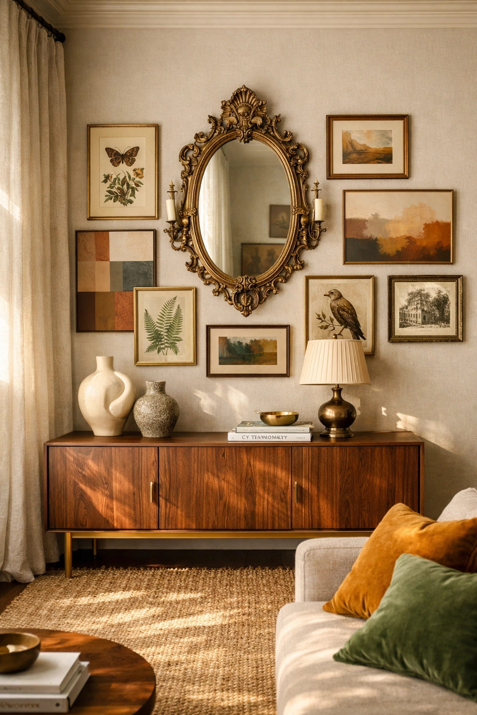 Curated gallery wall with vintage artwork and eclectic decor in Orlando home living room